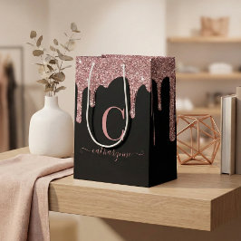 Sacola Para Presentes Média Monograma de brilho brilhante com gota Dourada de 