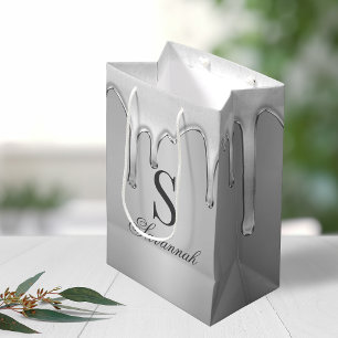 Sacola Para Presentes Média Monograma de Cromo de Prata