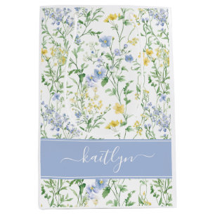 Sacola Para Presentes Média Monograma de Flor Silvestre em Aquarela Azul