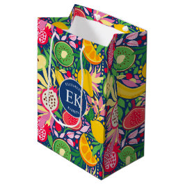 Sacola Para Presentes Média Monograma de Frutas Tropicais em Aquarela Padrão d