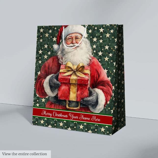Sacola Para Presentes Média Monograma de Natal: Aquarela Santa Claus (Monogram Christmas Bag: Watercolor Santa Claus Medium Gift Bag)