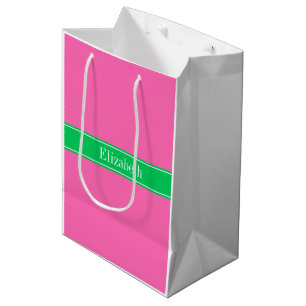 Sacola Para Presentes Média Monograma de Nome com Fita Verde Esmeralda #2 Rosa