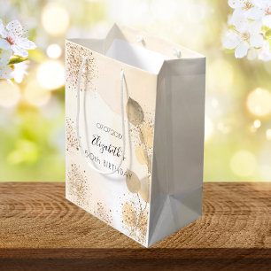 Sacola Para Presentes Média Monograma de ouro de eucalipto de aniversário