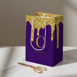Sacola Para Presentes Média Monograma do Glitter Dourado Roxo Real