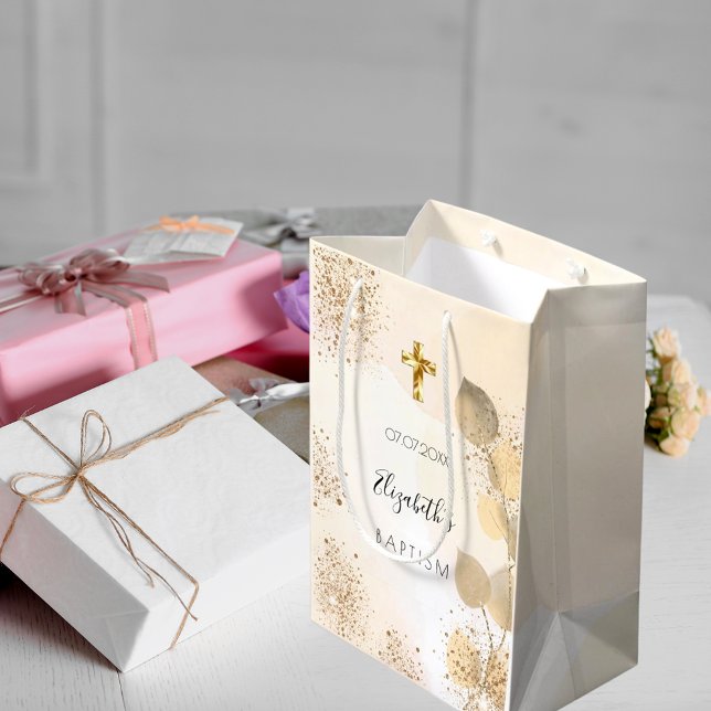 Sacola Para Presentes Média Monograma do ouro do eucalipto-batismo (Criador carregado)