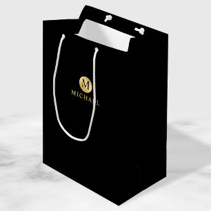 Sacola Para Presentes Média Monograma Dourado e Preto de Luxo