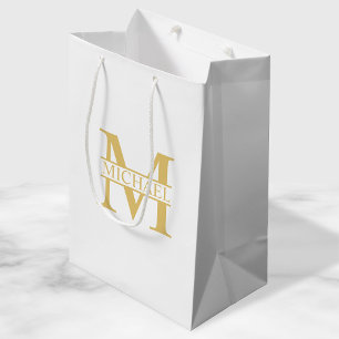 Sacola Para Presentes Média Monograma e Nome Personalizados Branco e Dourado