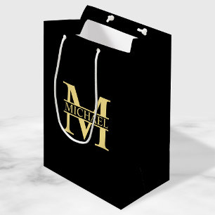 Sacola Para Presentes Média Monograma e Nome Personalizados Preto e Dourado