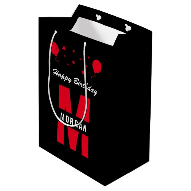 Sacola Para Presentes Média Monograma Feliz Aniversário Qualquer Idade Vermelh (Verso inclinado)