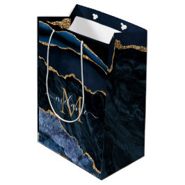 Sacola Para Presentes Média Monograma Nome Agate Marinho Azul Dourado Marble B
