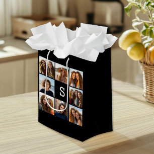 Sacola Para Presentes Média Monograma preto e branco do costume da colagem da