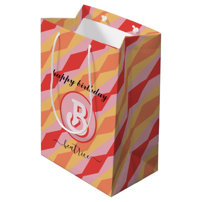 Sacola Para Presentes Média Monograma Retro Hippie 70s Pastel Geométrico Rosa (Verso inclinado)