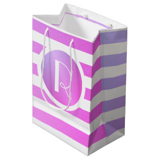 Sacola Para Presentes Média Monograma Roxo & Listras Brancas