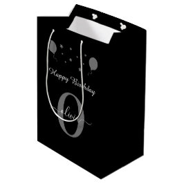 Sacola Para Presentes Média Monograma Script Feliz Aniversário Cinza Branca Ne