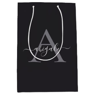 Sacola Para Presentes Média Monogramado Preto Cinza Carvão Minimalista Elega