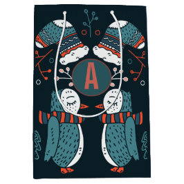 Sacola Para Presentes Média Monogramas Art Natal Azul Coruja Árvores