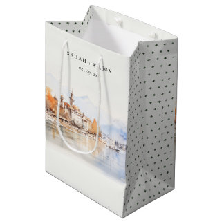 Sacola Para Presentes Média Montreux Suíça Aquarela Paisagem Casamento
