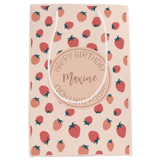 Sacola Para Presentes Média Morangos, Florais e Tema do Padrão Abstrato (Frente)