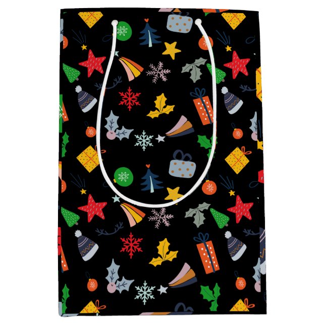 Sacola Para Presentes Média Motif Clássico Bonito Fundo Preto de Natal (Frente)