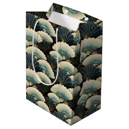 Sacola Para Presentes Média Motif de Ventilador Dourado e Teal, inspirado no J