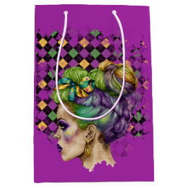 SACOLA PARA PRESENTES MÉDIA MULHER MARDI GRAS COM CABELO DOURADO VERDE PURO