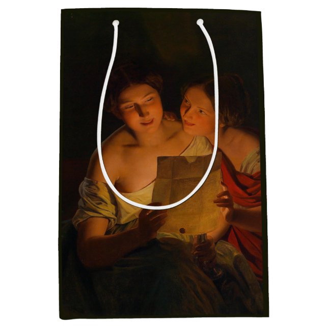 Sacola Para Presentes Média Mulheres lendo uma carta de amor (por Waldmüller) (Frente)