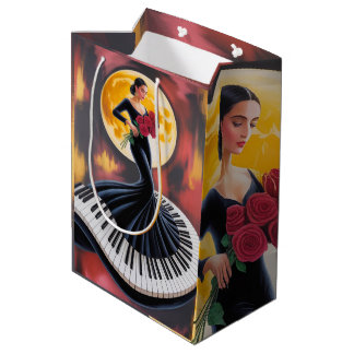 Sacola Para Presentes Média Música Elegante de Piano Arte de Mulher Design