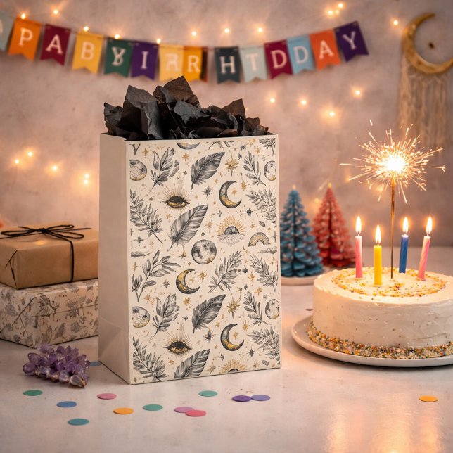 Sacola Para Presentes Média Mystical Celestial Moon Stars Pattern (Criador carregado)