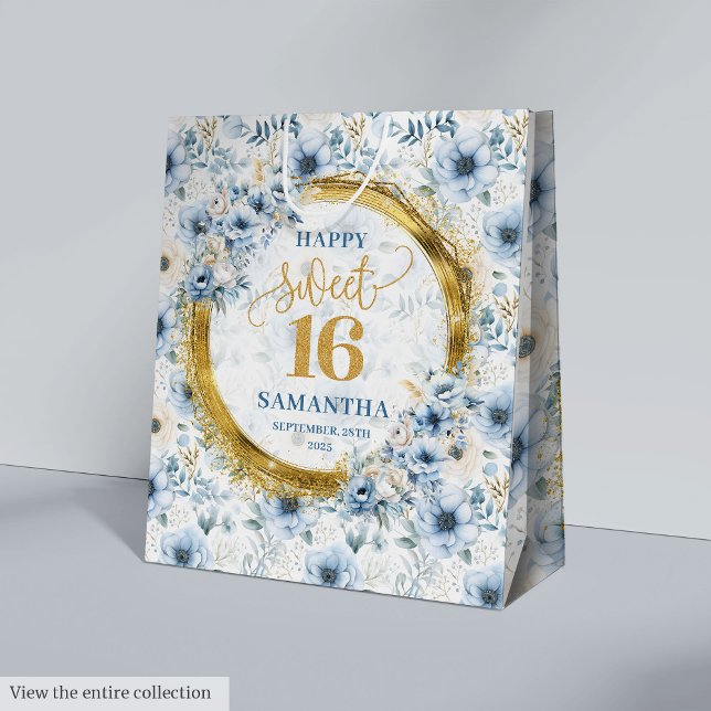 Sacola Para Presentes Média Na moda Azul Claro Doce 16 Glitter Dourado Saco (Stylish Light Blue Sweet 16 Gold Glitter Gift Bag)