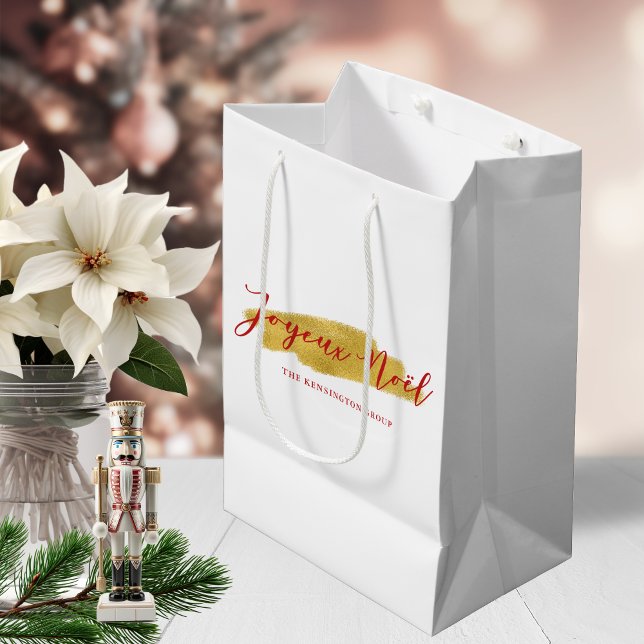 Sacola Para Presentes Média Na moda Chic Gold Foil Joyeux Noel Natal (Stylish Chic Gold Foil Joyeux Noel Christmas Medium Gift Bag)
