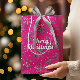 Sacola Para Presentes Média Na moda cor-de-rosa com flocos de neve elegantes