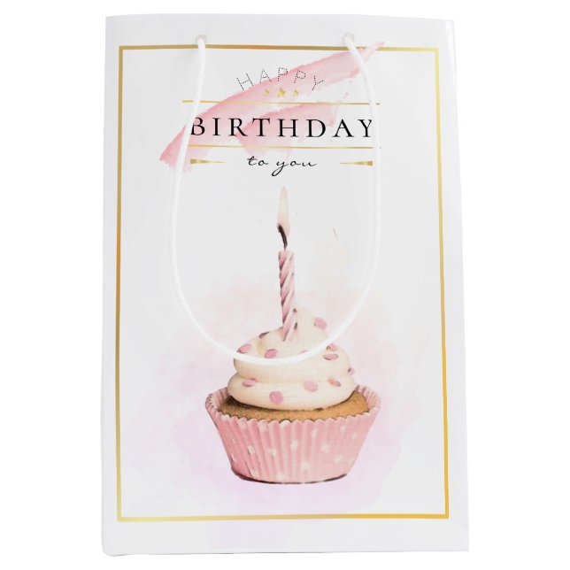 Sacola Para Presentes Média Na moda Pencil Art Pink Birthday Cupcake (Frente)