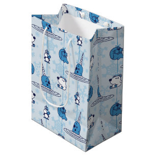Sacola Para Presentes Média Narwhal Blue Snowflake Pattern