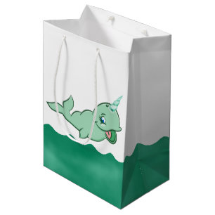 Sacola Para Presentes Média Narwhal Green Festa do Mar de Cartoons de Cute M