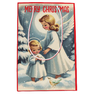 Sacola Para Presentes Média Natais vintages Angel,Child, Pássaro Wraping Paper