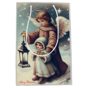 Sacola Para Presentes Média Natais vintages Angel, Criança e Aves