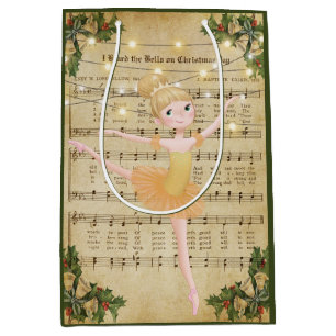 Sacola Para Presentes Média Natais vintages Sheet Music e Ballerina