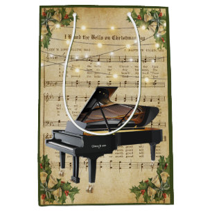 Sacola Para Presentes Média Natais vintages Sheet Music e Grand Piano
