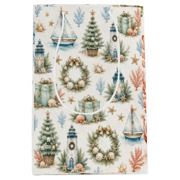 Sacola Para Presentes Média Natal à Beira-Mar Aquarela Farol & Velho Barco