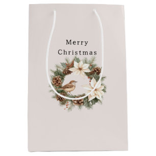 Sacola Para Presentes Média Natal Aconchegante Poinsettia Pinheiros Pássaro