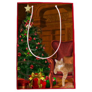 Sacola Para Presentes Média Natal alaranjado do gato malhado