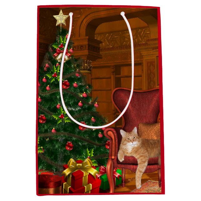 Sacola Para Presentes Média Natal alaranjado do gato malhado (Frente)
