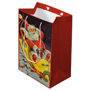 Sacola Para Presentes Média Natal Antigo, Papai Noel em uma Espaçonave