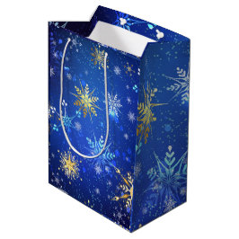 Sacola Para Presentes Média Natal Azul Dourado Flocos de Neve