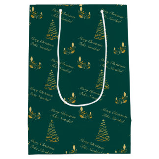 Sacola Para Presentes Média Natal Bilíngue Verde e Ouro