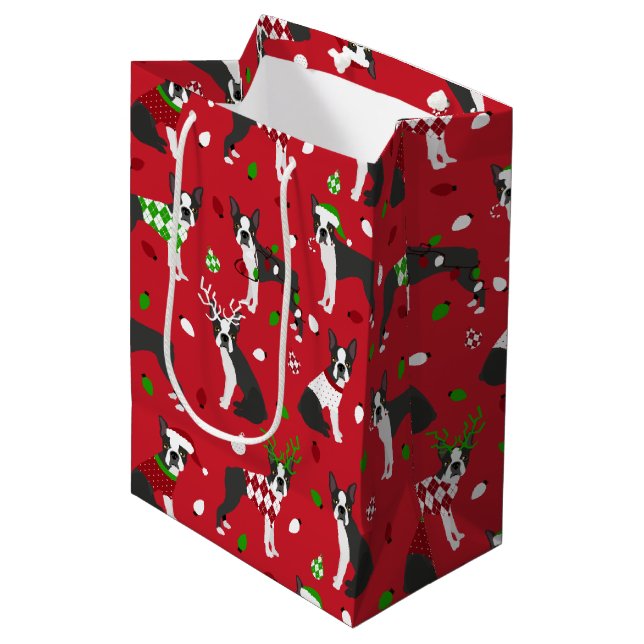 Sacola Para Presentes Média Natal Boston Terrier Medium Gift Bag (Frente inclinada)