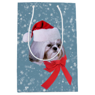 Sacola Para Presentes Média Natal, cão de Shih Tzu, chapéu do papai noel