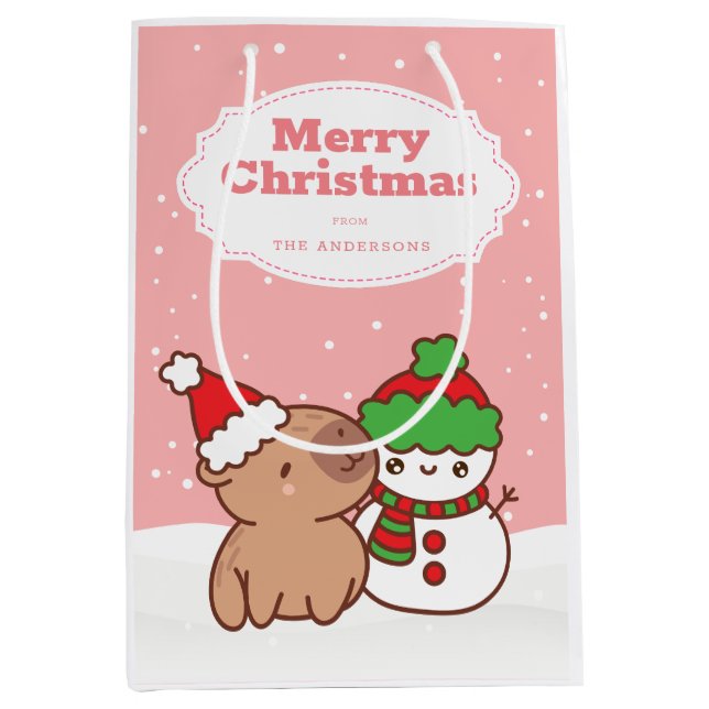 Sacola Para Presentes Média Natal Capybara E Snowman Cute (Frente)