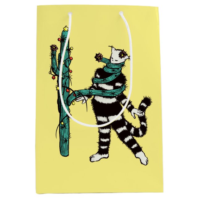 Sacola Para Presentes Média Natal Cat E Cactus Weird Xmas (Frente)