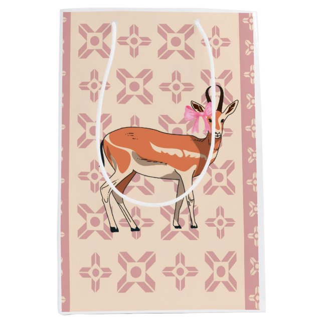 Sacola Para Presentes Média Natal Chic Rosa com padrão de Doe  (Frente)
